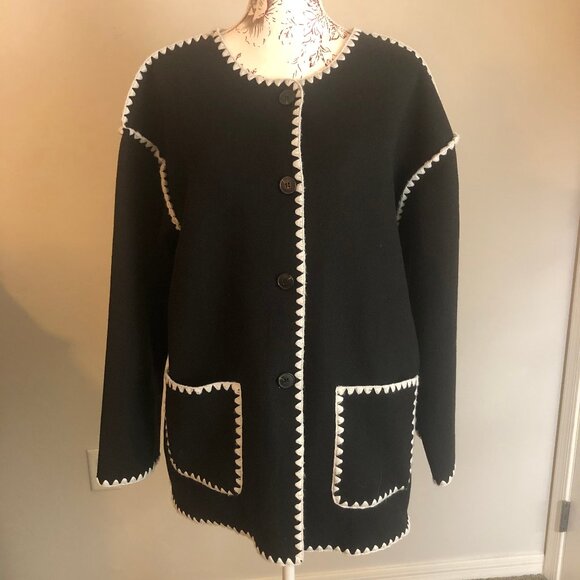 Black & White Contrast Whipstitch Cardigan Sweater Cozy Knit Oversized Open - Picture 1 of 5